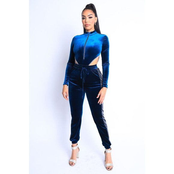 Women's Sexy Cute Velvet Bodysuit and Matching Jogger Pants 2 Piece Set S M L - Picture 14 of 14